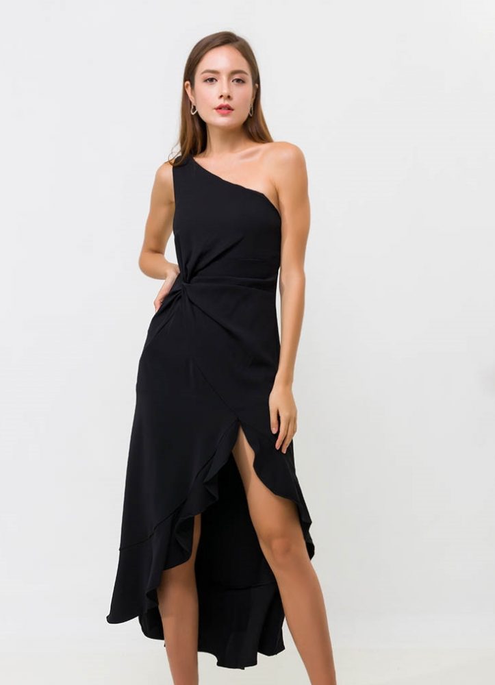 AVI TOGA DRESS WITH RUFFLED HEM (BLACK) S,M,L > A Spoonful Of Clothes AVI TOGA DRESS WITH RUFFLED HEM (BLACK) S,M,L > A Spoonful Of Clothes